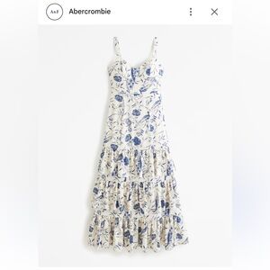 Abercrombie A&F Wedding Guest Bridal Ruffle Tiered Maxi Dress Floral Blue Cream
